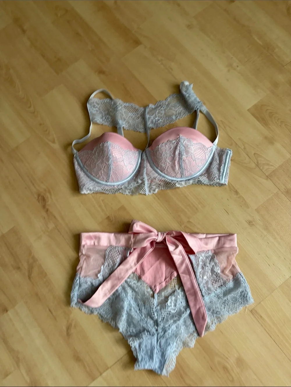 Delicate Pink & Gray Lace Bra and Brief Set